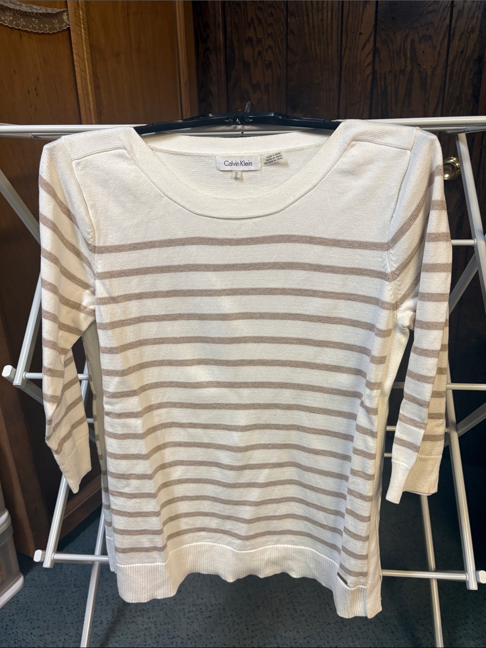 Calvin Klein Cream and Taupe Striped Boatneck Top
